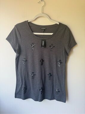 Express Woman’s Grey Cross Sequin Tee | Size M NWT